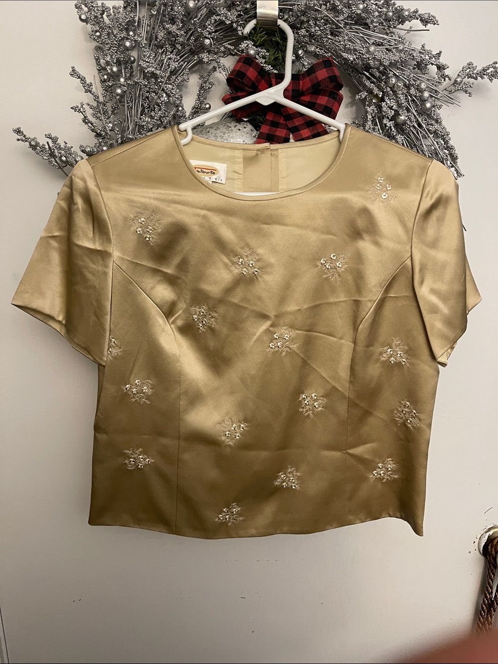 Talbots Gold Satin Short Sleeve Embellished Top